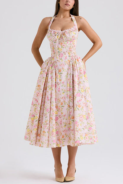 Margovil Halter Tie Front Waisted Floral Print Midi Dress