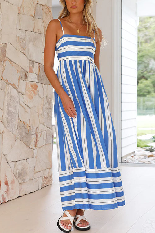 Margovil Back Cut Out High Waist Striped Maxi Cami Dress