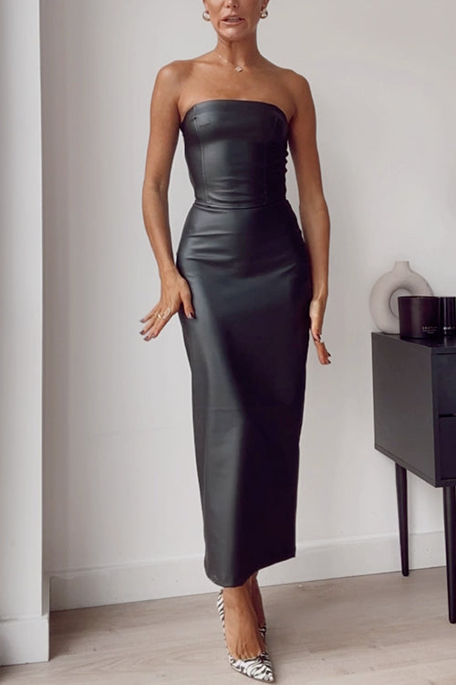 Strapless Tube Faux Leather Pencil Maxi Dress