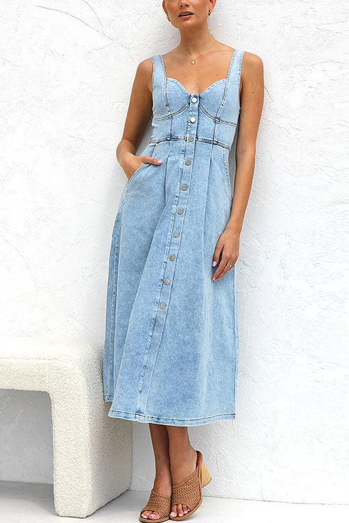 Margovil Distressed Button Down Pocketed Denim A-line Midi Cami Dress