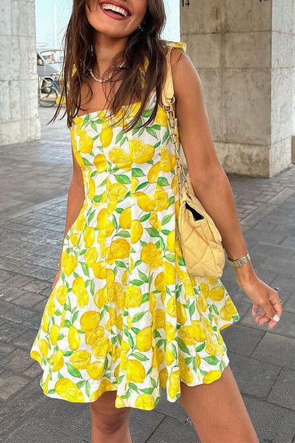 Margovil Tie Shoulder Lemon Print Mini Cami Vacation Dress