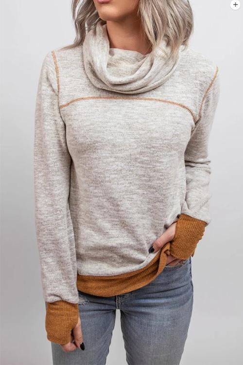 Margovil Casual Cowl Neck Color Block Pullover with Thumb Hole