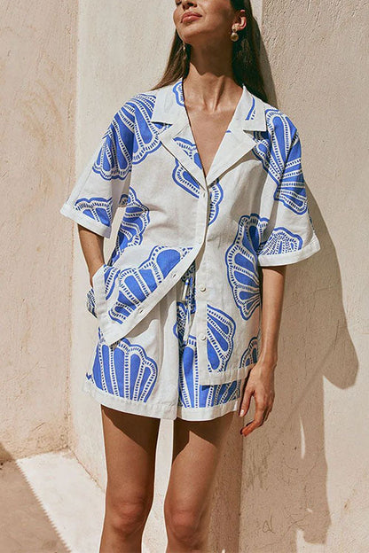 Margovil V Neck Short Sleeves Shirt and Drawstring Waist Shorts Seashell Print Set