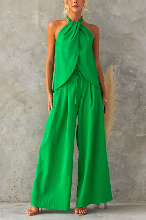 Sleeveless Halter Slit Top Tie Waist Wide Leg Pants Set