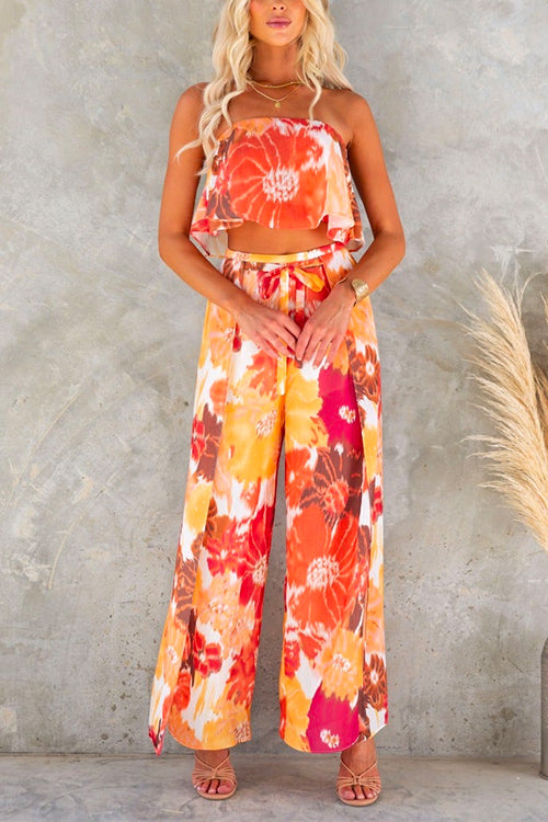 Floral Printed Ruffle Crop Tube Top Wide Leg Side Split Pants Set