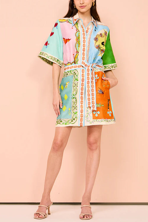 Margovil Short Sleeves Tie Waist Color Block Printed Mini Shirt Dress