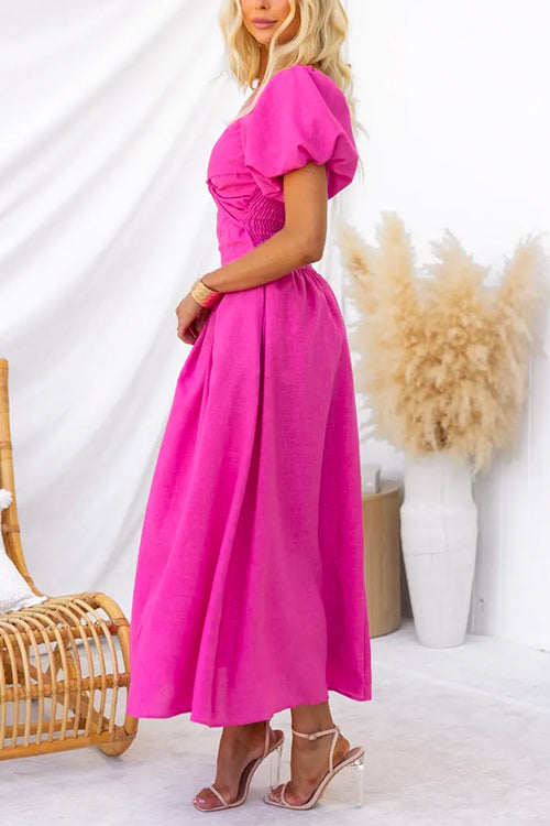 Twist Front Puff Sleeves Cut Out Maxi Swing Dress