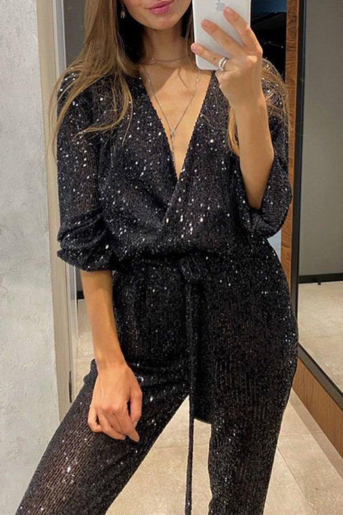 Margovil Wrap V Neck Tie Waist Sequin Jumpsuit