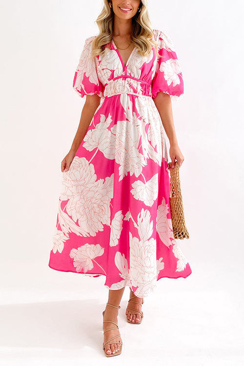 Margovil V Neck Puff Sleeves Waisted Floral Midi Dress