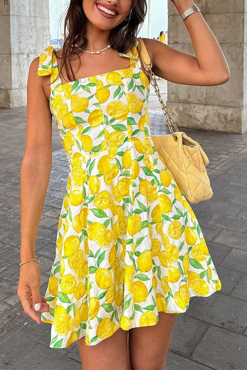 Margovil Tie Shoulder Lemon Print Mini Cami Vacation Dress