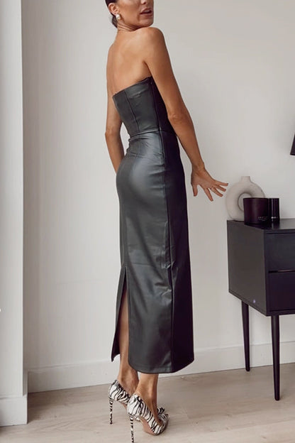 Strapless Tube Faux Leather Pencil Maxi Dress