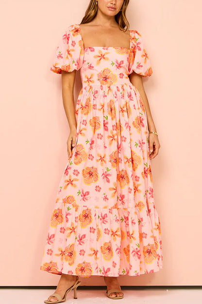 Margovil Square Neck Puff Sleeves Floral Print Ruffle Maxi Dress