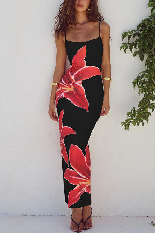 Margovil Spaghetti Strap Back Slit Lily Print Bodycon Maxi Dress