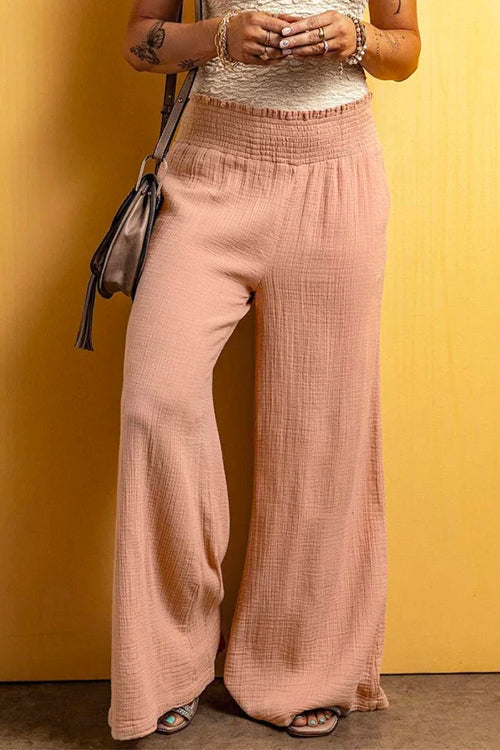 Margovil Smocked Elastic Waist Wide Leg Cotton Linen Pants