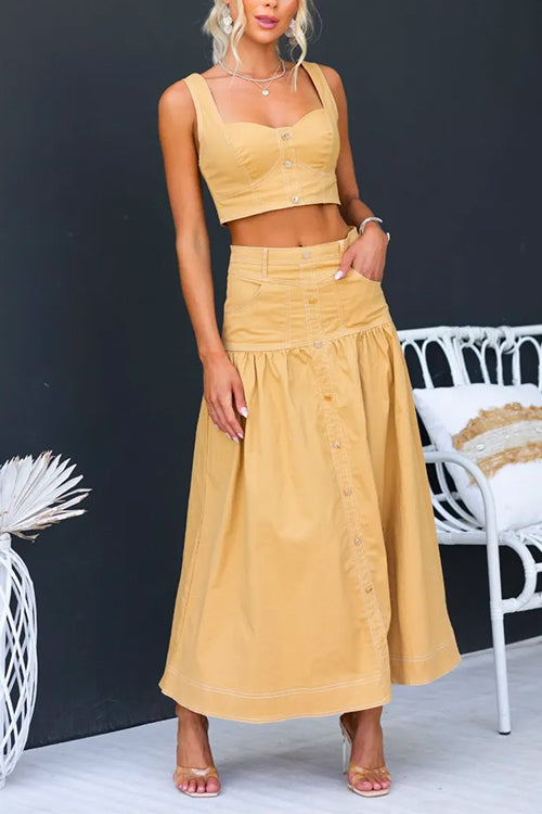 Buttons Crop Tank Top Pocketed A-line Maxi Skirt Set