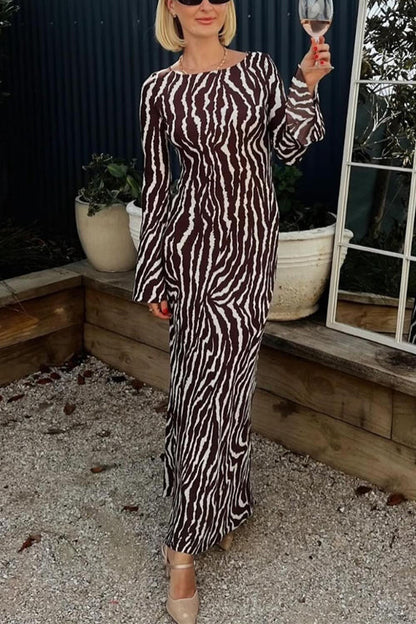 Margovil Boat Neck Bell Sleeves Animal Print Maxi Dress