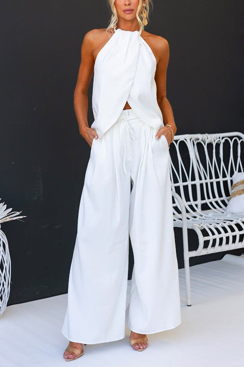 Sleeveless Halter Slit Top Tie Waist Wide Leg Pants Set