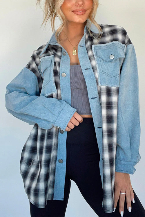 Margovil Button Up Pocketed Plaid Splice Shacket