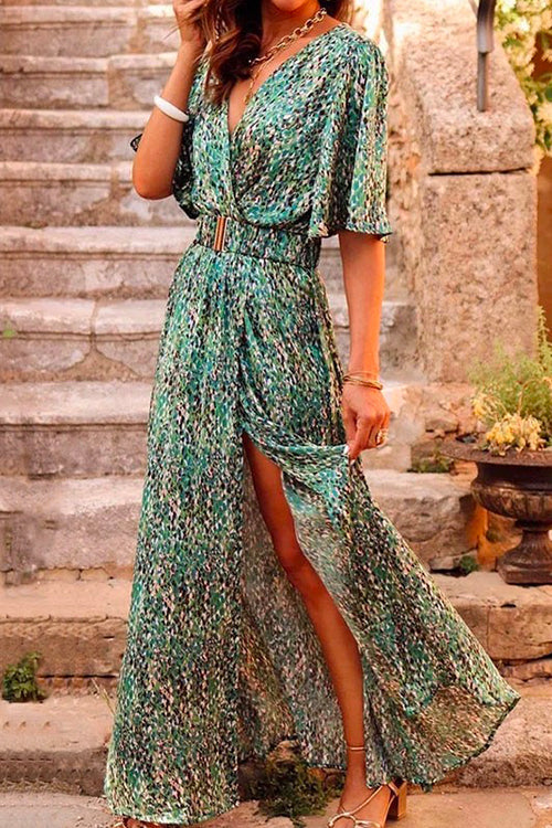 Margovil Wrap V Neck Flare Sleeve High Slit Maxi Printed Dress