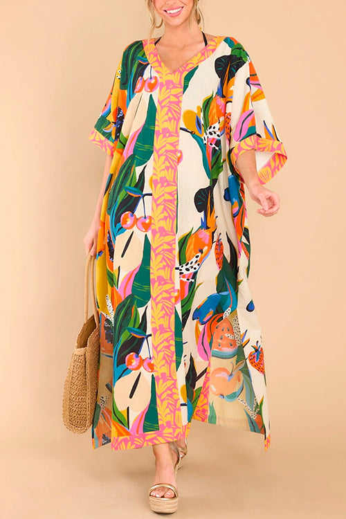 Margovil Kimono Sleeves Side Split Tropic Print Maxi Caftan Dress