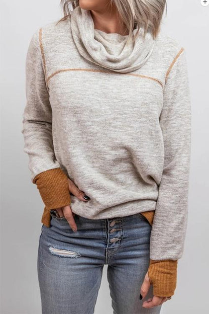 Margovil Casual Cowl Neck Color Block Pullover with Thumb Hole