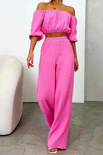 Margovil Off Shoulder Half Sleeves Crop Top Wide Leg Pants Set