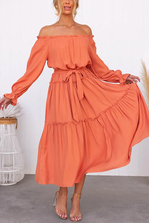 Off Shoulder Ruffle Trim Tie Waist Midi Swing Dress