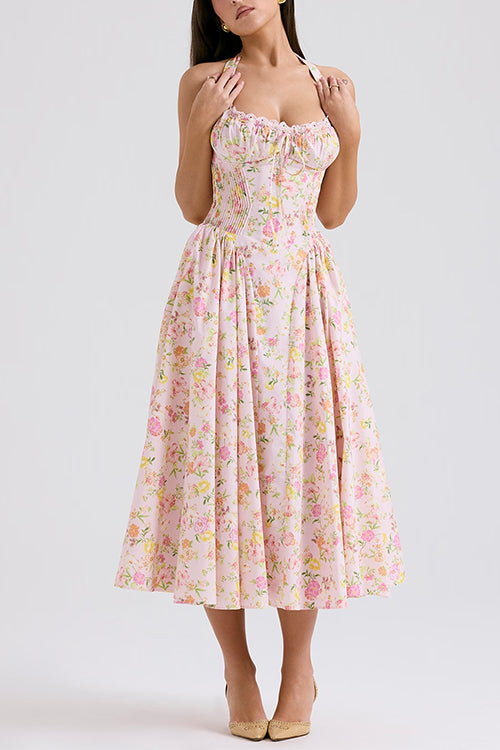 Margovil Halter Tie Front Waisted Floral Print Midi Dress