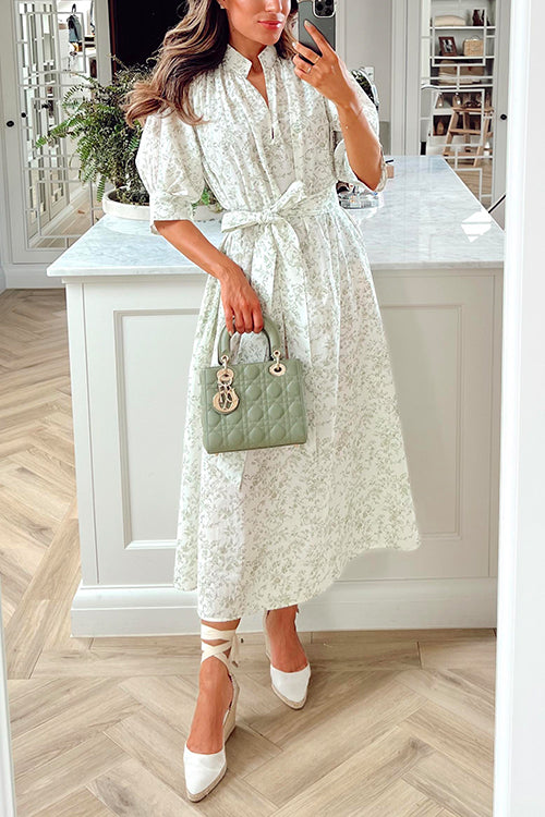 V Neck Half Sleeves Tie Waist Floral Midi Flowy Dress