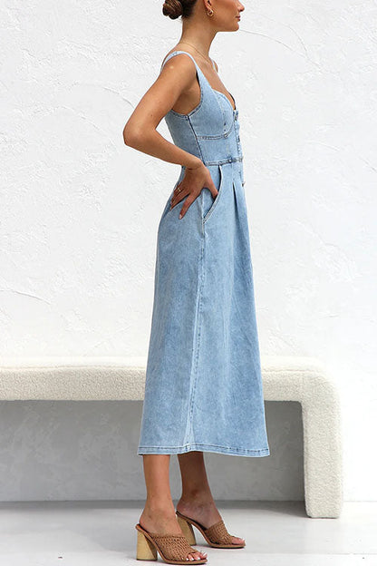 Margovil Distressed Button Down Pocketed Denim A-line Midi Cami Dress