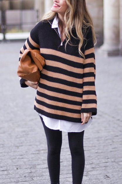 Quarter Zip V Neck Ribbed Knit Striped Pullover Sweater