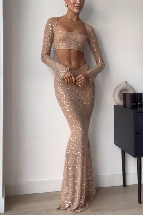 Margovil Sheer Embellished Long Sleeves Crop Top and Mermaid Maxi Skirt Set