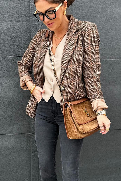 Margovil Lapel Single Button Classic Plaid Blazer