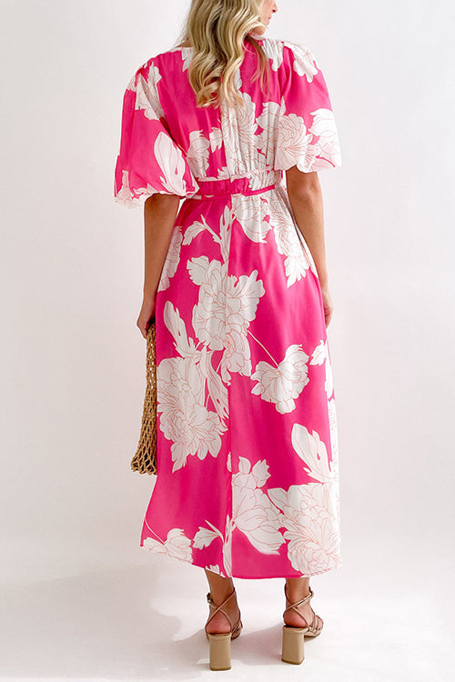 Margovil V Neck Puff Sleeves Waisted Floral Midi Dress