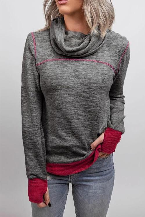 Margovil Casual Cowl Neck Color Block Pullover with Thumb Hole