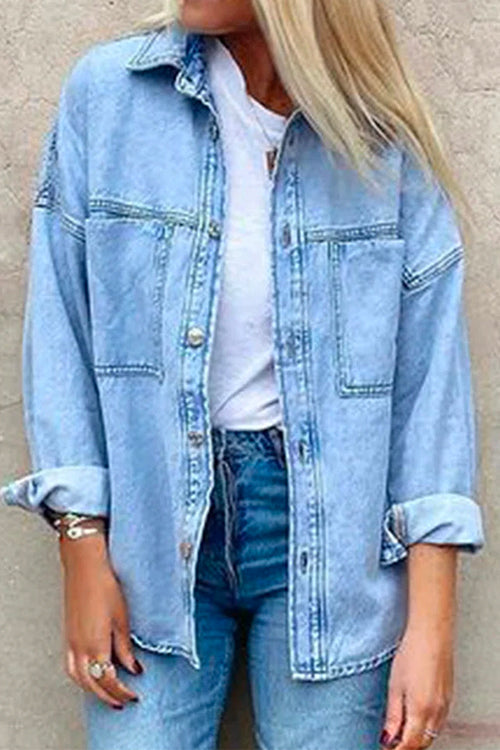 Margovil Drop Shoulder Long Sleeves Distressed Boyfriend Denim Shacket