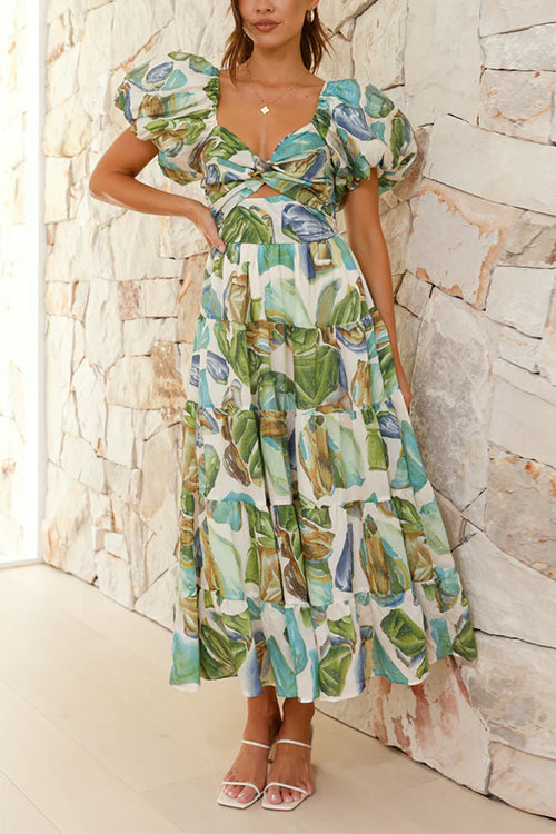 Margovil Twist Front Puff Sleeves Ruffle Tiered Printed Maxi Dress