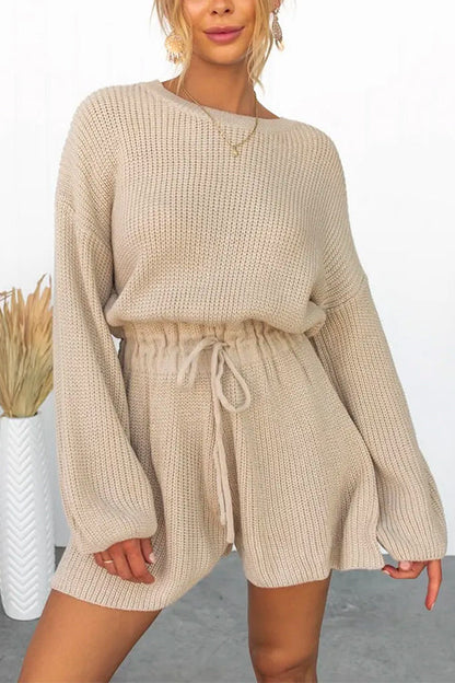 Margovil Drop Shoulder Long Sleeves Drawstring Waist Knitting Romper