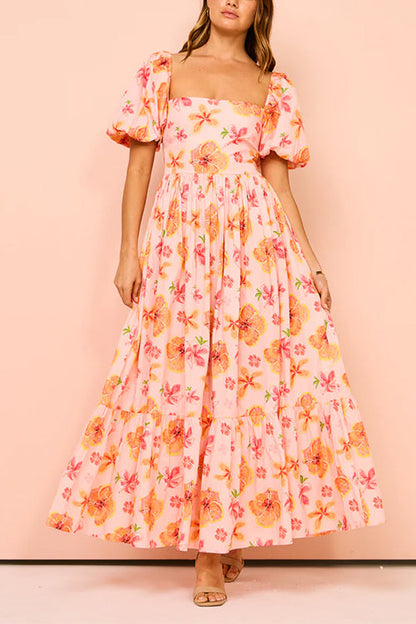 Margovil Square Neck Puff Sleeves Floral Print Ruffle Maxi Dress