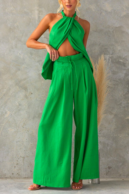 Sleeveless Halter Slit Top Tie Waist Wide Leg Pants Set