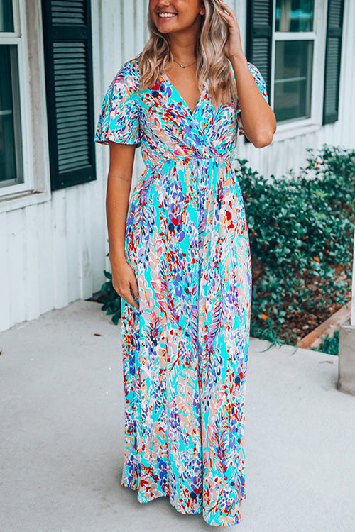 Margovil V Neck Short Sleeve High Waist Printed Maxi Swing Dress