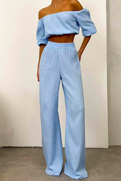 Margovil Off Shoulder Half Sleeves Crop Top Wide Leg Pants Set