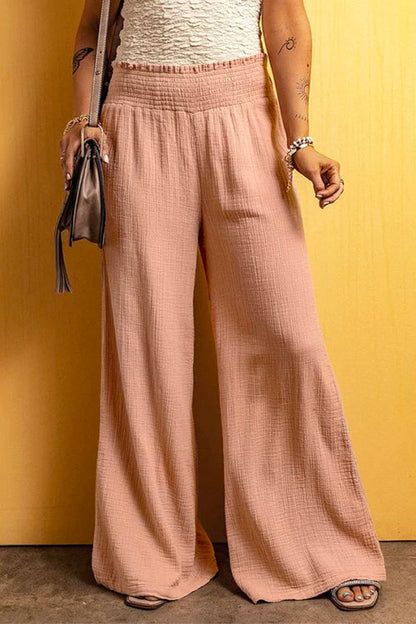 Margovil Smocked Elastic Waist Wide Leg Cotton Linen Pants