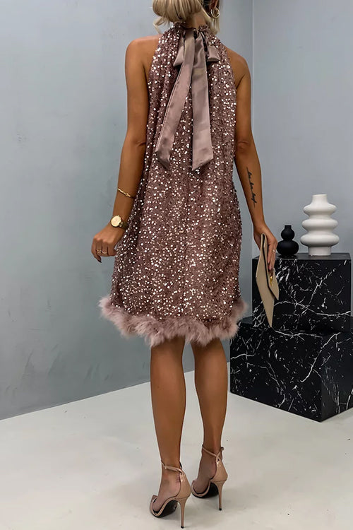 Margovil Halter Sleeveless Feather Hem Sequin Dress