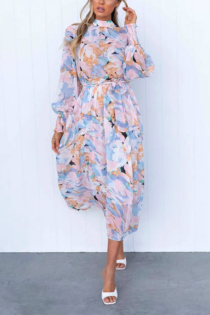 Mockneck Tie Waist Printed Flowy Midi Swing Dress