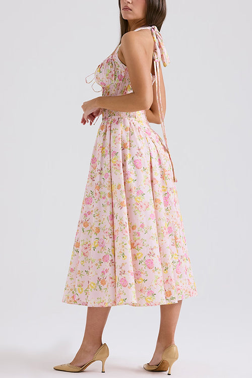 Margovil Halter Tie Front Waisted Floral Print Midi Dress