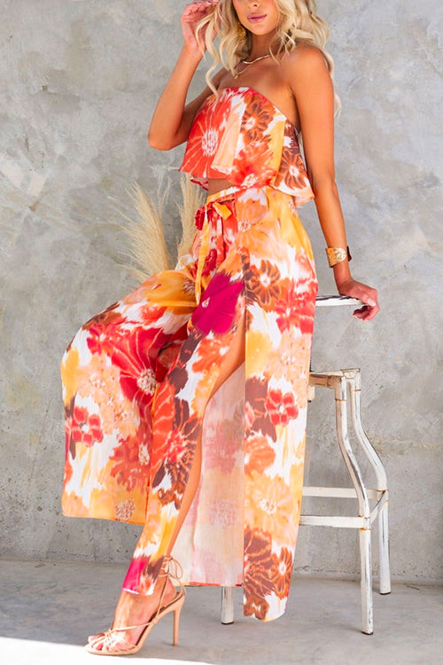 Floral Printed Ruffle Crop Tube Top Wide Leg Side Split Pants Set