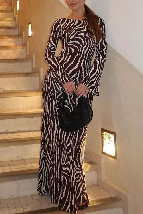 Margovil Boat Neck Bell Sleeves Animal Print Maxi Dress