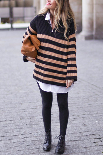 Quarter Zip V Neck Ribbed Knit Striped Pullover Sweater