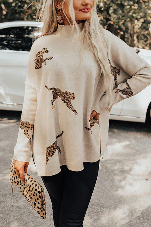 Margovil High Neck Side Slit Cheetah Pattern Sweater